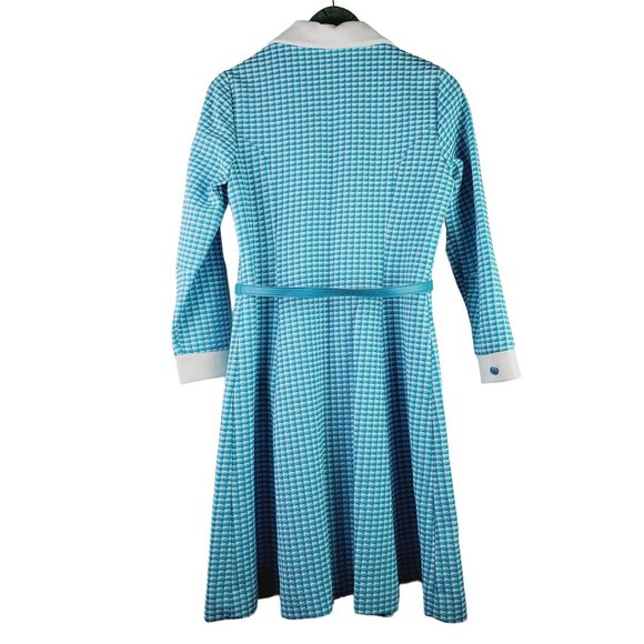 Vintage 60s Jean-Ann's ILGWU Cyan Blue Career Houndstooth Print Shirt Dress, 14 - Picture 2 of 9